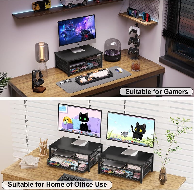 OPNICE Computer Monitor Stand Riser, Desk Organizer with Drawer, Laptop Stand, Office Desk Accessories & Workspace Desktop Organizers Storage for Office Supplies(Black 2-Pack) - Image 3
